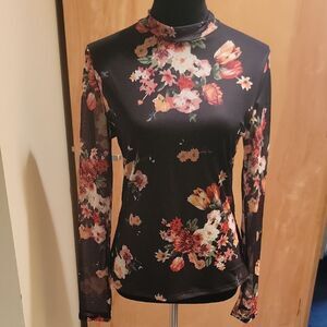 Rouge Lips Floral Long Sleeve Women's Mesh Shirt Sz L
